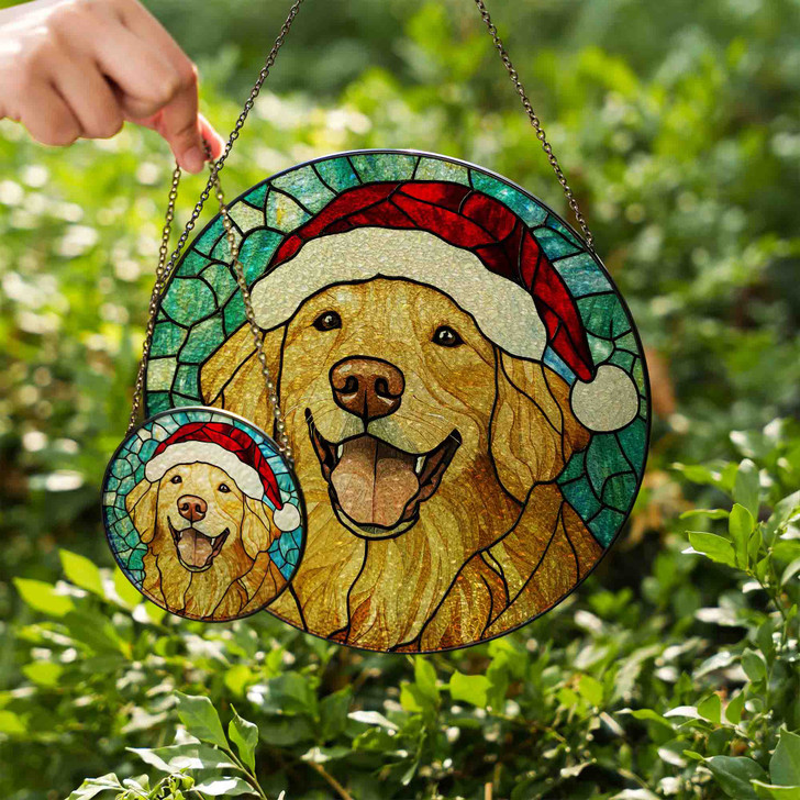 Golden Retriever Stained Glass Suncatcher with Santa Hat – Christmas Dog Window Hanging Decor