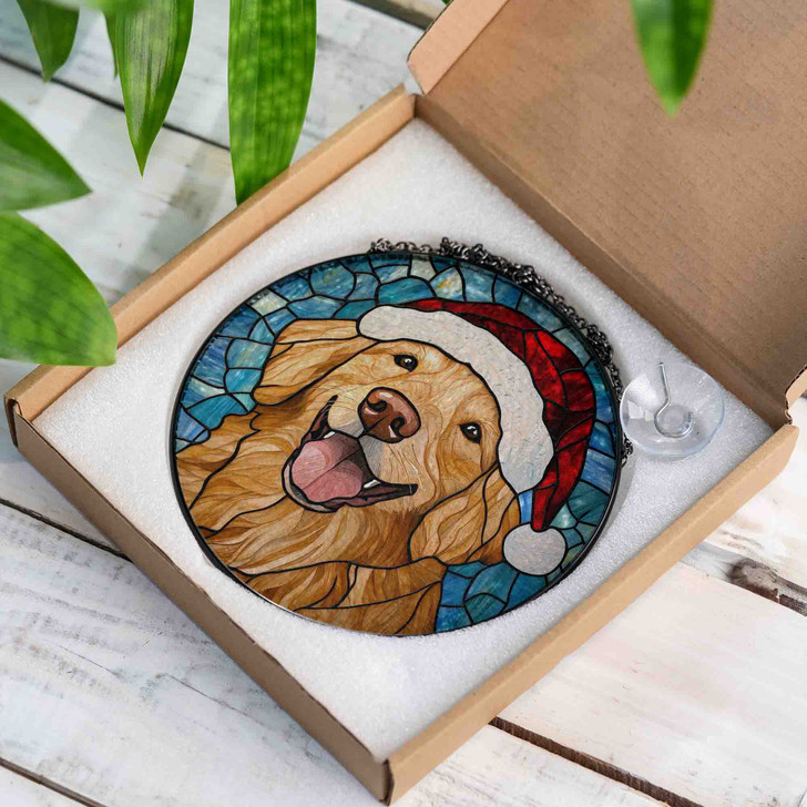 Golden Retriever Stained Glass Suncatcher with Santa Hat – Christmas Dog Window Hanging Decor
