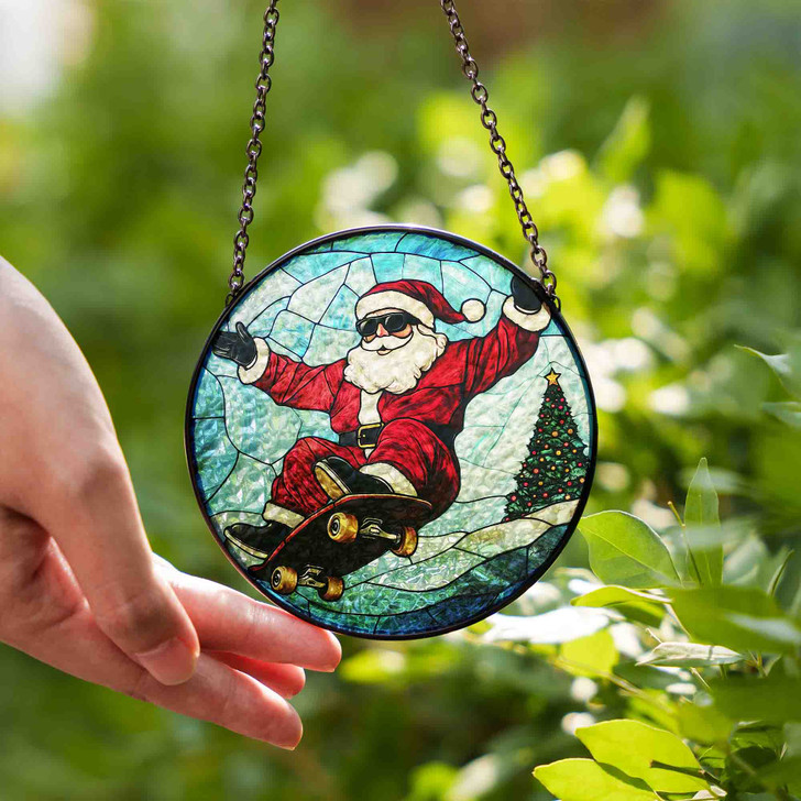 Santa Claus Skateboarding Stained Glass Suncatcher – Christmas Window Hanging Holiday Decor