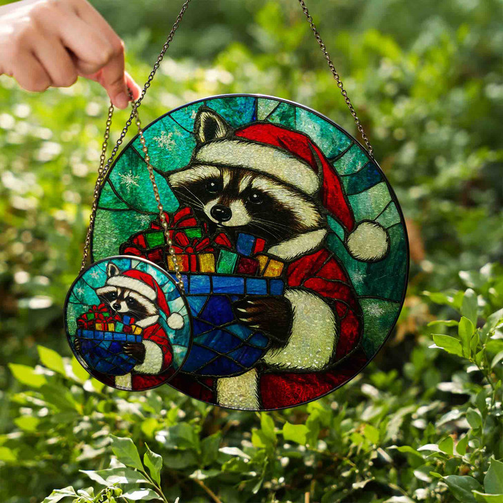 Raccoon with Gift Stained Glass Suncatcher – Christmas Window Hanging Holiday Decoration