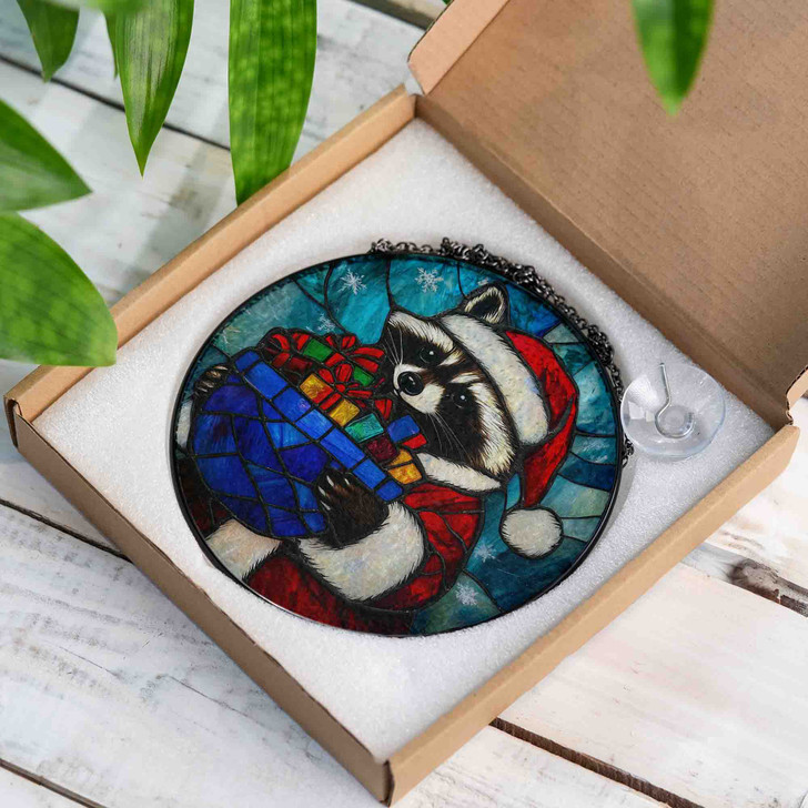 Raccoon with Gift Stained Glass Suncatcher – Christmas Window Hanging Holiday Decoration