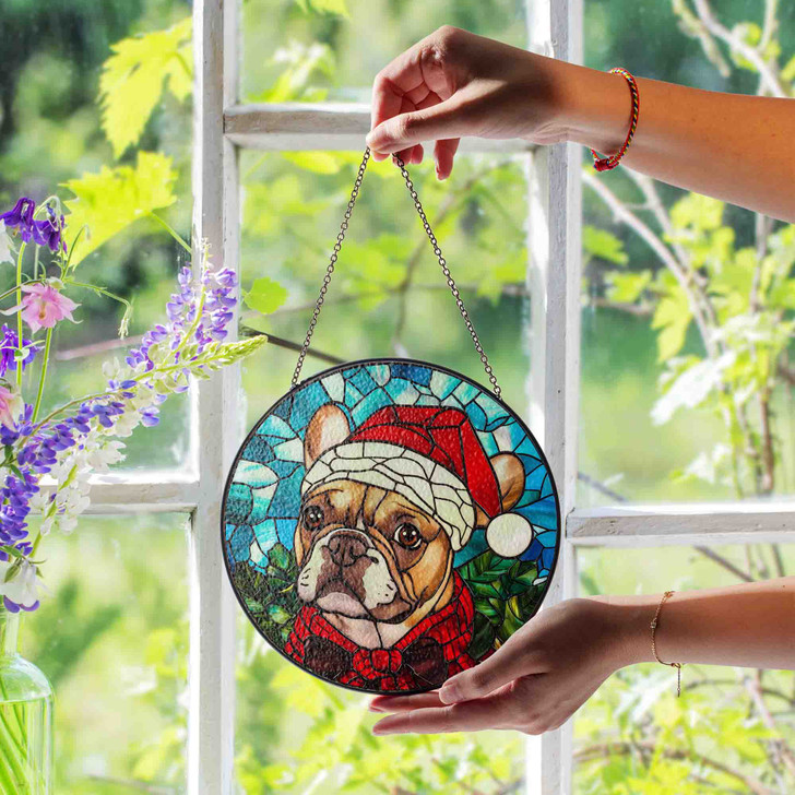 French Bulldog Stained Glass Suncatcher – Christmas Dog Window Hanging Holiday Decor