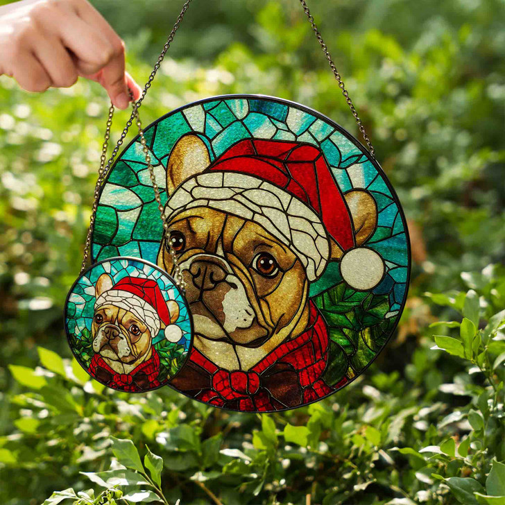 French Bulldog Stained Glass Suncatcher – Christmas Dog Window Hanging Holiday Decor