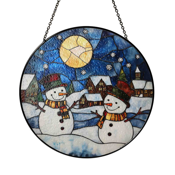 Snowman Winter Night Stained Glass Suncatcher – Holiday Snow Scene Window Hanging Christmas Decor