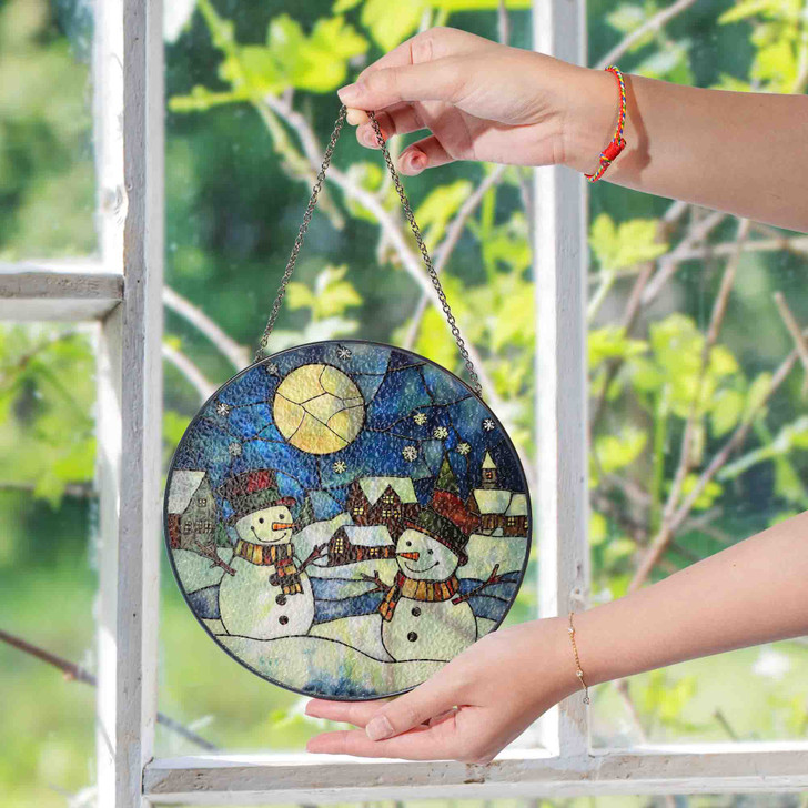 Snowman Winter Night Stained Glass Suncatcher – Holiday Snow Scene Window Hanging Christmas Decor