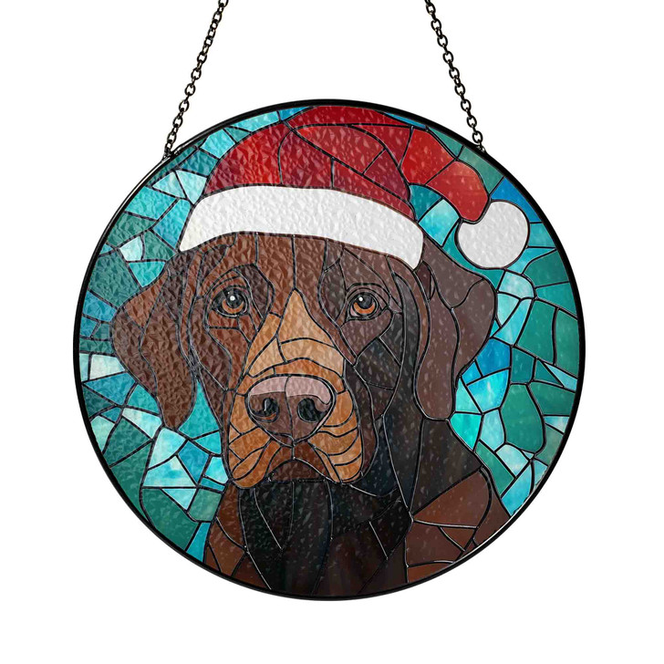 Brown Dog Christmas Stained Glass Suncatcher – Holiday Pet Window Hanging Winter Home Decor