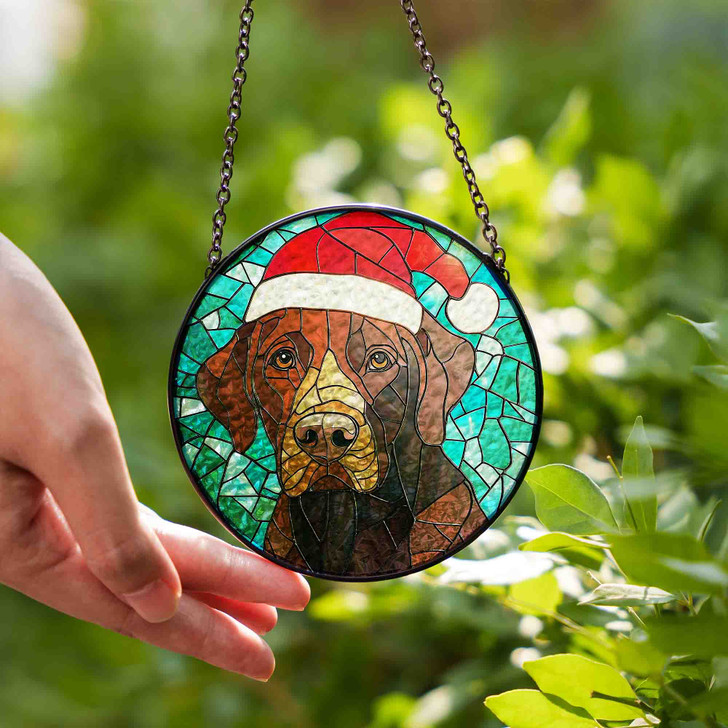 Brown Dog Christmas Stained Glass Suncatcher – Holiday Pet Window Hanging Winter Home Decor