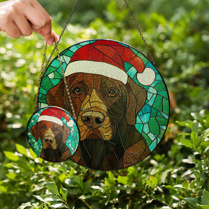 Brown Dog Christmas Stained Glass Suncatcher – Holiday Pet Window Hanging Winter Home Decor