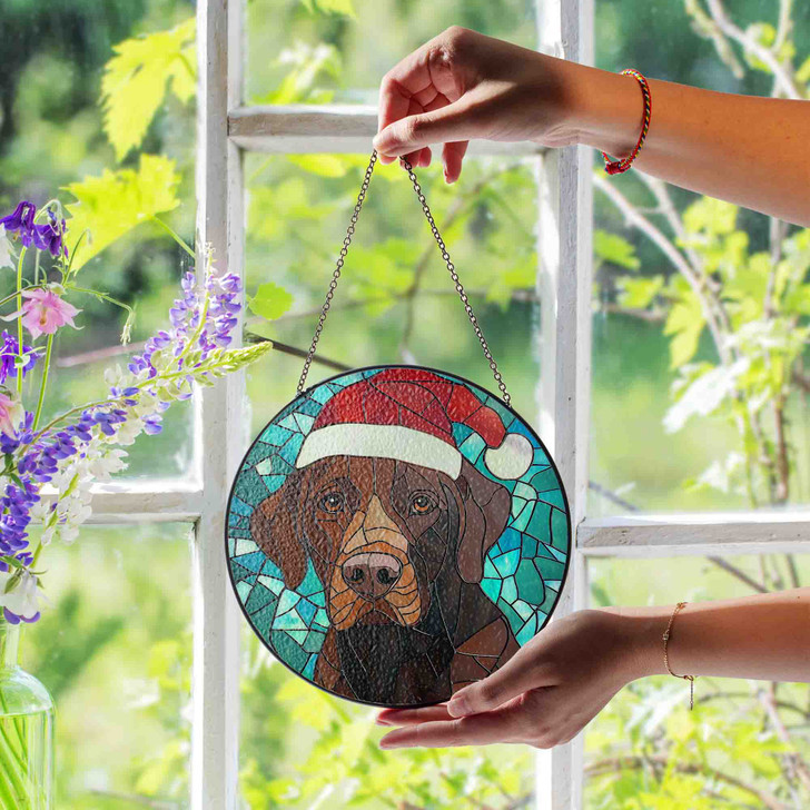 Brown Dog Christmas Stained Glass Suncatcher – Holiday Pet Window Hanging Winter Home Decor