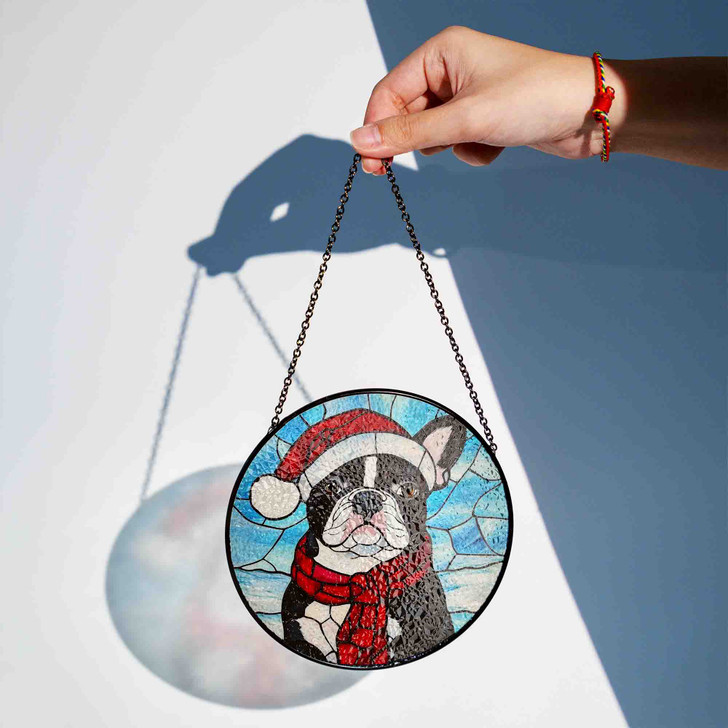 Boston Terrier in Santa Hat Stained Glass Suncatcher – Dog Christmas Window Hanging, Holiday Pet Gift