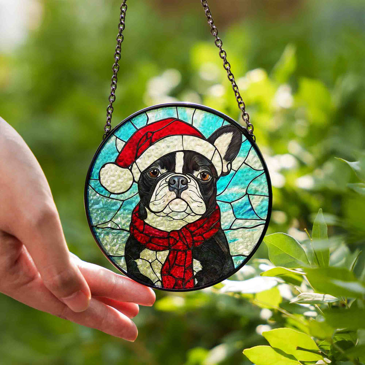 Boston Terrier in Santa Hat Stained Glass Suncatcher – Dog Christmas Window Hanging, Holiday Pet Gift