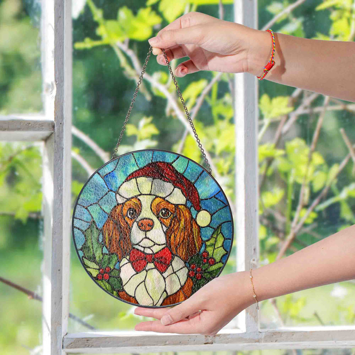 Cavalier King Charles Spaniel Stained Glass Suncatcher – Dog Christmas Window Hanging, Holiday Pet Gift