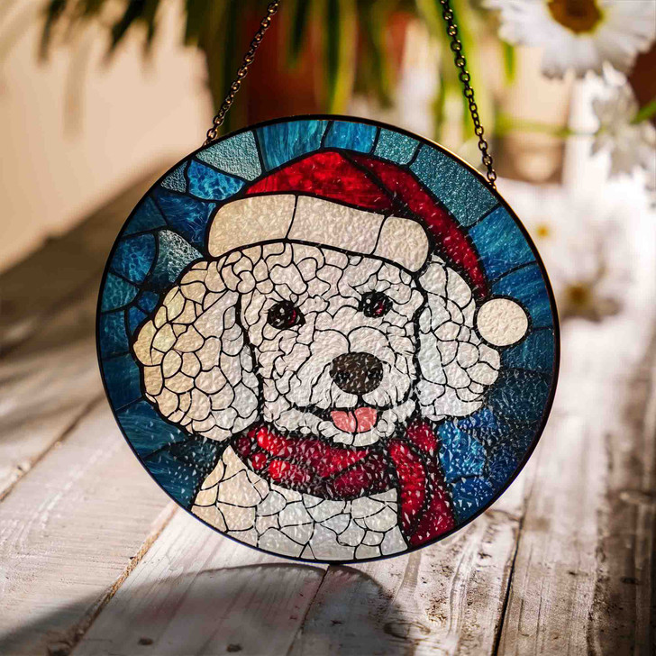 White Poodle Christmas Stained Glass Suncatcher Holiday Dog Window Hanging Ornament Winter Pet Lover Gift Decor