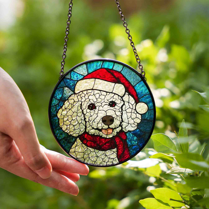 White Poodle Christmas Stained Glass Suncatcher Holiday Dog Window Hanging Ornament Winter Pet Lover Gift Decor