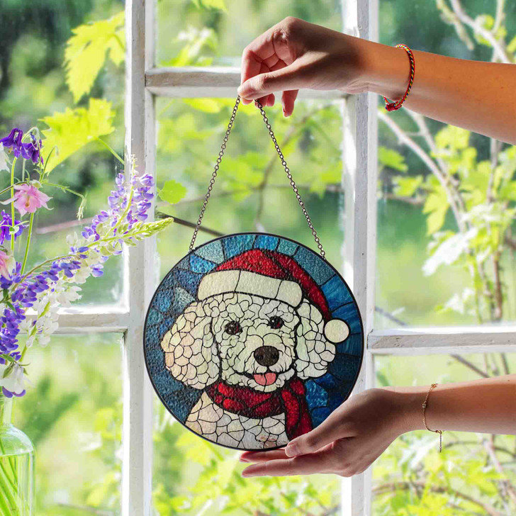 White Poodle Christmas Stained Glass Suncatcher Holiday Dog Window Hanging Ornament Winter Pet Lover Gift Decor