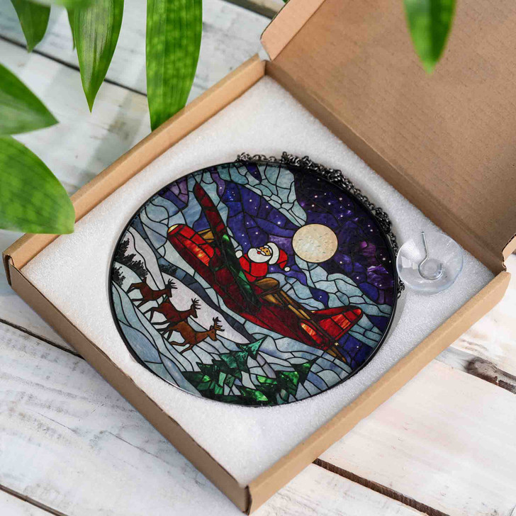 Santa Sleigh Christmas Stained Glass Suncatcher Reindeer Winter Night Moon Window Hanging Holiday Home Decor