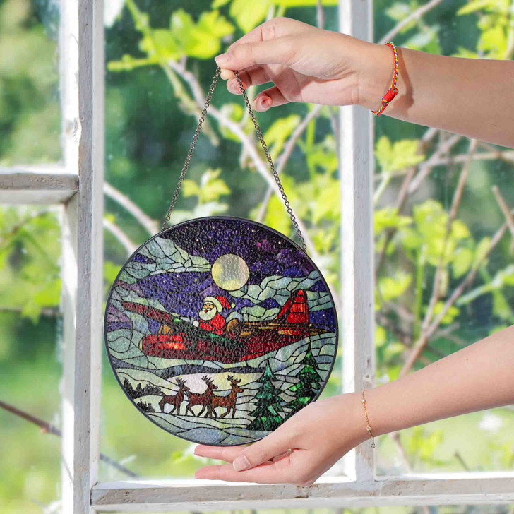 Santa Sleigh Christmas Stained Glass Suncatcher Reindeer Winter Night Moon Window Hanging Holiday Home Decor
