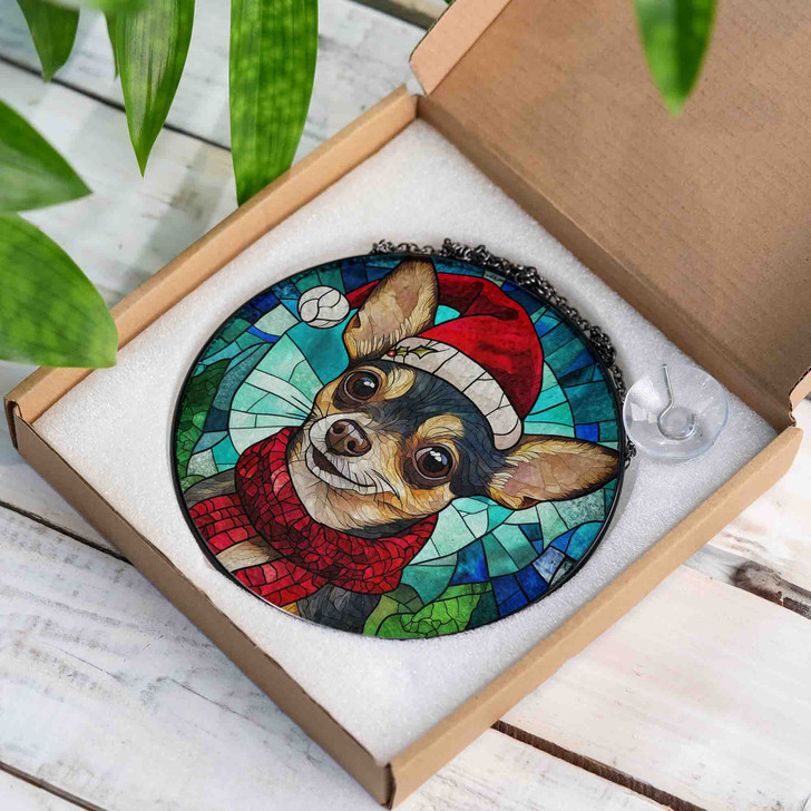 Chihuahua Dog Christmas Stained Glass Suncatcher Santa Hat Holiday Window Hanging Winter Home Decor