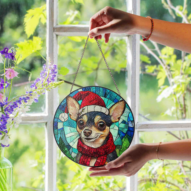 Chihuahua Dog Christmas Stained Glass Suncatcher Santa Hat Holiday Window Hanging Winter Home Decor