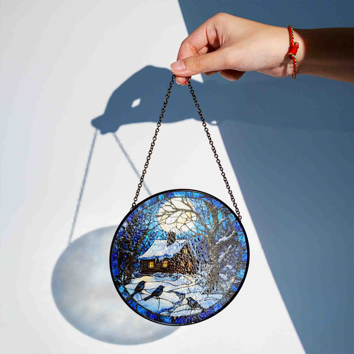 Snowy Winter Cabin Stained Glass Suncatcher Holiday Window Hanging Decor with Moon and Trees