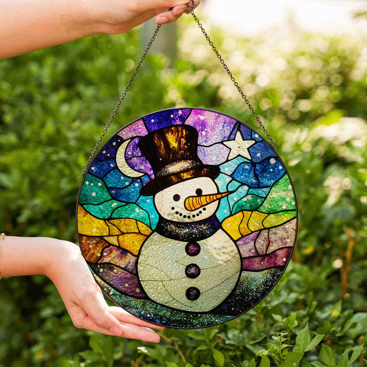 Snowman Stained Glass Suncatcher Holiday Window Hanging Winter Decor with Hat and Scarf