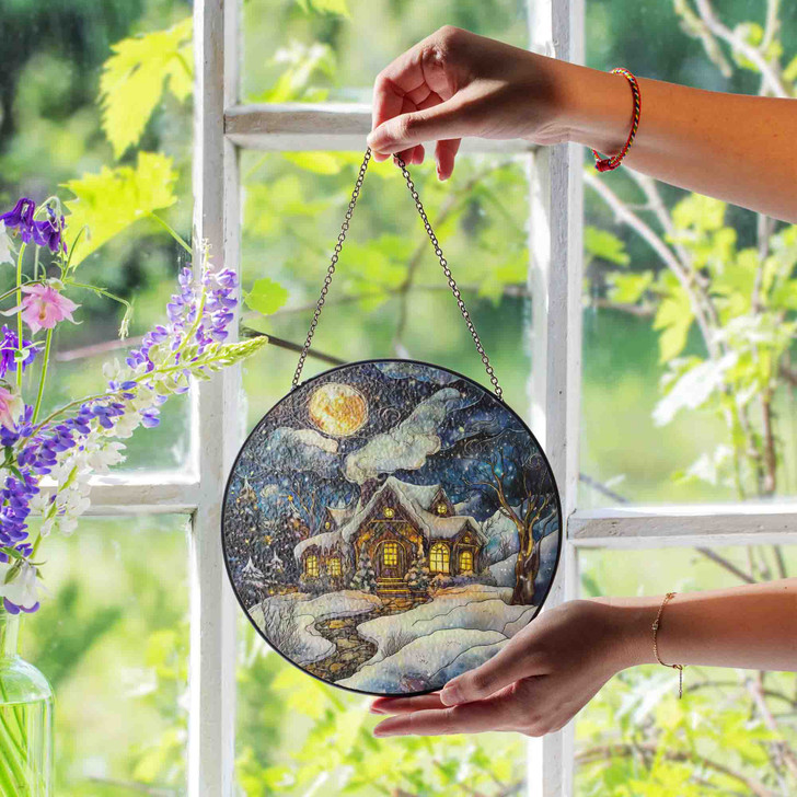 Snowy Night Cabin Stained Glass Suncatcher Holiday Window Hanging Winter Decor with Moon and Stars