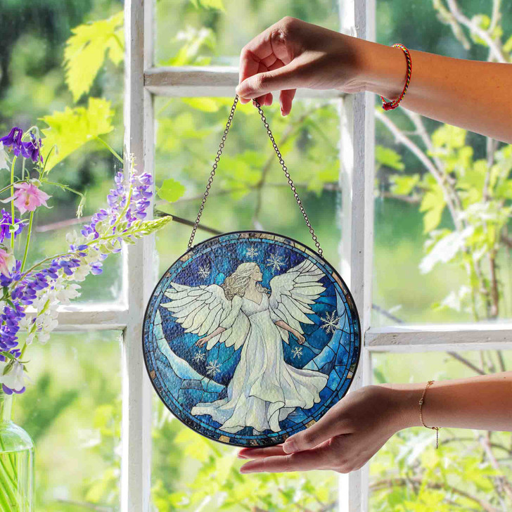 Winter Angel Stained Glass Suncatcher Holiday Window Hanging Christmas Decor with Snowflakes