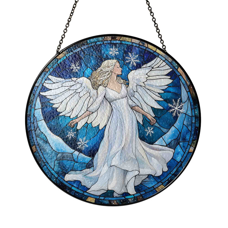 Winter Angel Stained Glass Suncatcher Holiday Window Hanging Christmas Decor with Snowflakes