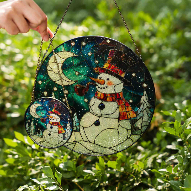 Snowman Stained Glass Suncatcher Holiday Window Hanging Winter Decor with Moon and Stars