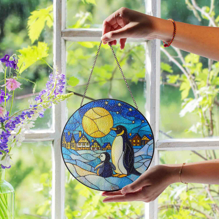 Penguin Stained Glass Suncatcher Holiday Window Hanging Winter Decor with Moon and Village Scene