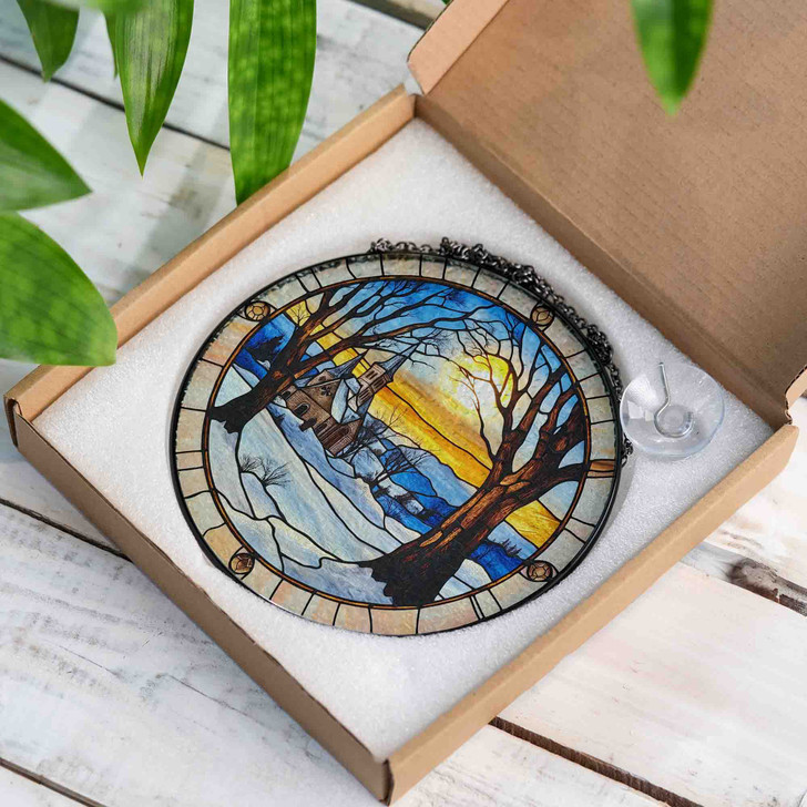 Winter Church Stained Glass Suncatcher Holiday Window Hanging Decor with Snow and Sunset