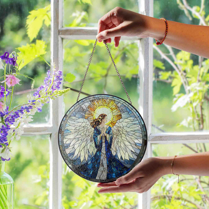 Angel Stained Glass Suncatcher Christian Window Hanging Religious Decor with Sunlight and White Wings