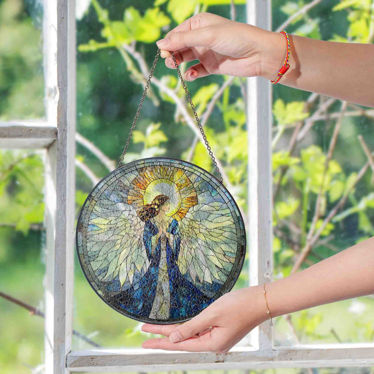 Angel Stained Glass Suncatcher Christian Window Hanging Religious Decor with Sunlight and White Wings