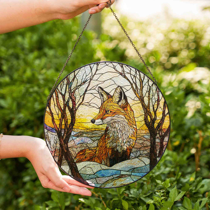 Fox Stained Glass Suncatcher Window Hanging Wildlife Decor with Winter Forest and Sunset