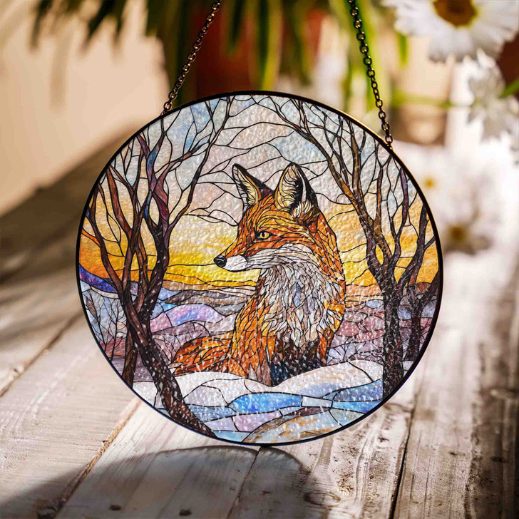 Fox Stained Glass Suncatcher Window Hanging Wildlife Decor with Winter Forest and Sunset