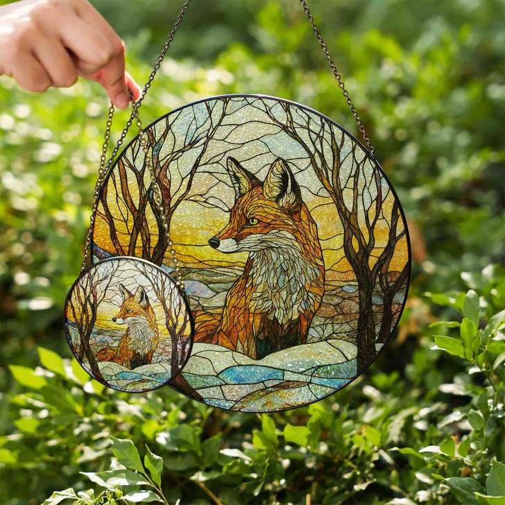 Fox Stained Glass Suncatcher Window Hanging Wildlife Decor with Winter Forest and Sunset