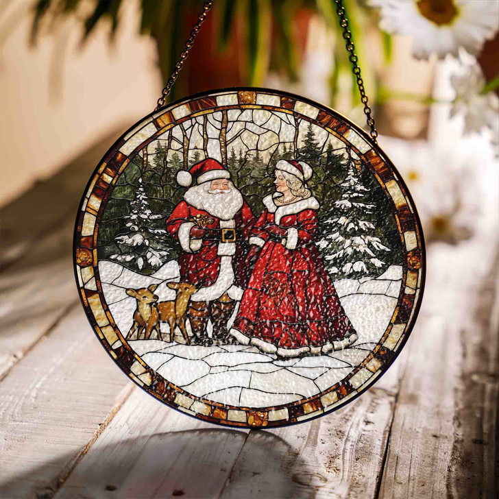 Santa and Mrs Claus Stained Glass Suncatcher Christmas Window Hanging Holiday Decor with Reindeer