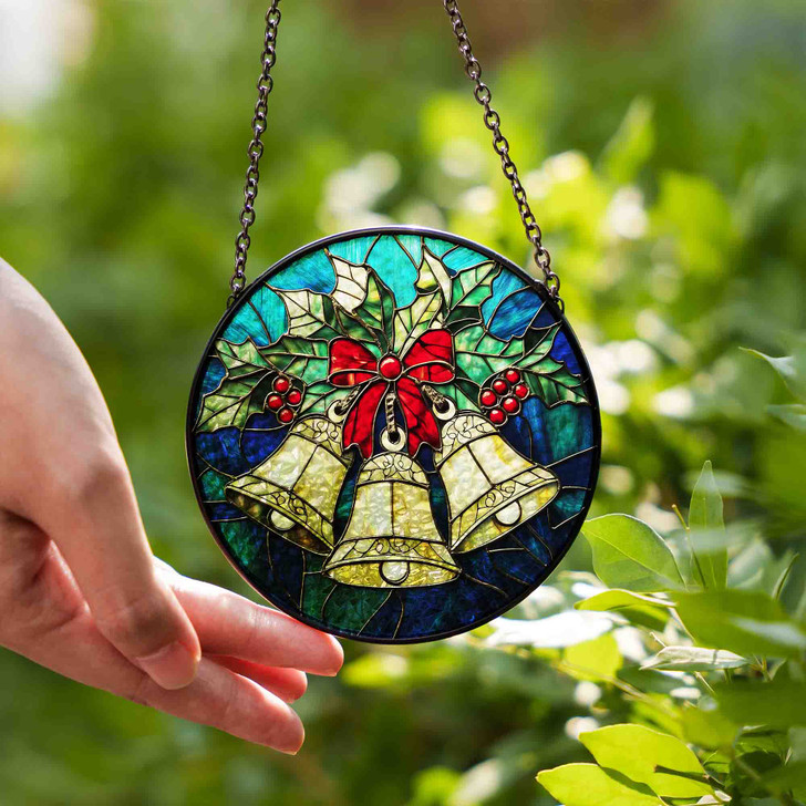 Christmas Bells Stained Glass Suncatcher Holiday Window Hanging Decor with Holly and Red Bow