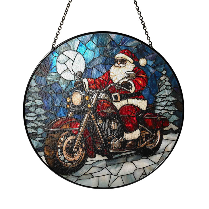 Santa Riding Motorcycle Stained Glass Suncatcher Christmas Window Hanging Holiday Decor