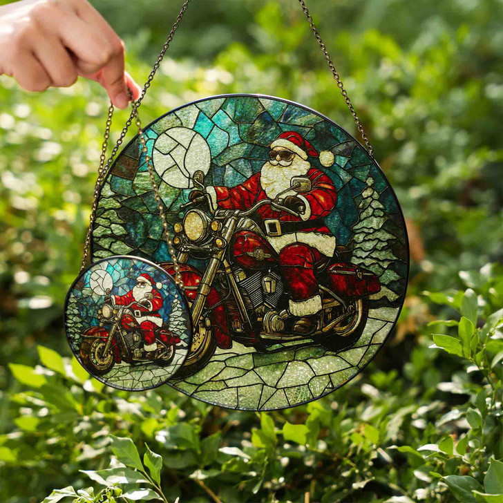 Santa Riding Motorcycle Stained Glass Suncatcher Christmas Window Hanging Holiday Decor