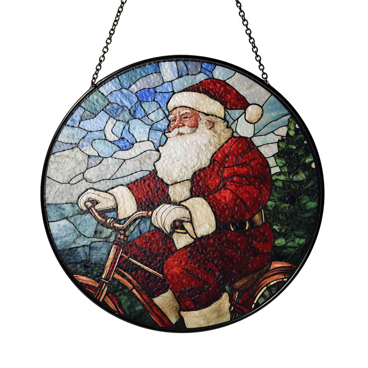 Santa on Bicycle Stained Glass Suncatcher Christmas Window Hanging Holiday Decor
