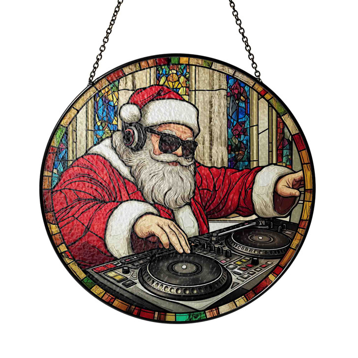 DJ Santa Stained Glass Suncatcher Christmas Window Hanging Holiday Decor with Turntable