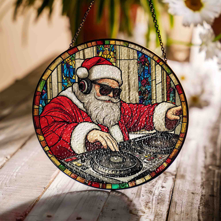 DJ Santa Stained Glass Suncatcher Christmas Window Hanging Holiday Decor with Turntable
