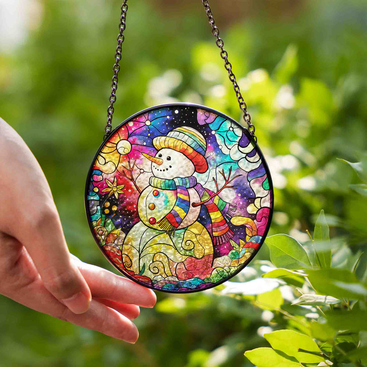 Colorful Snowman Stained Glass Suncatcher Winter Holiday Window Hanging Christmas Home Decor