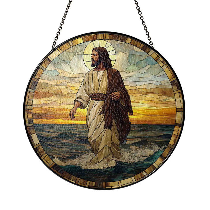 Jesus Walking on Water Stained Glass Suncatcher Christian Religious Window Hanging Spiritual Home Decor