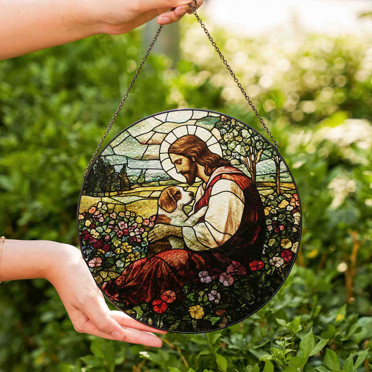 Jesus with Dog Stained Glass Suncatcher Christian Religious Window Hanging Pet Lover Spiritual Home Decor