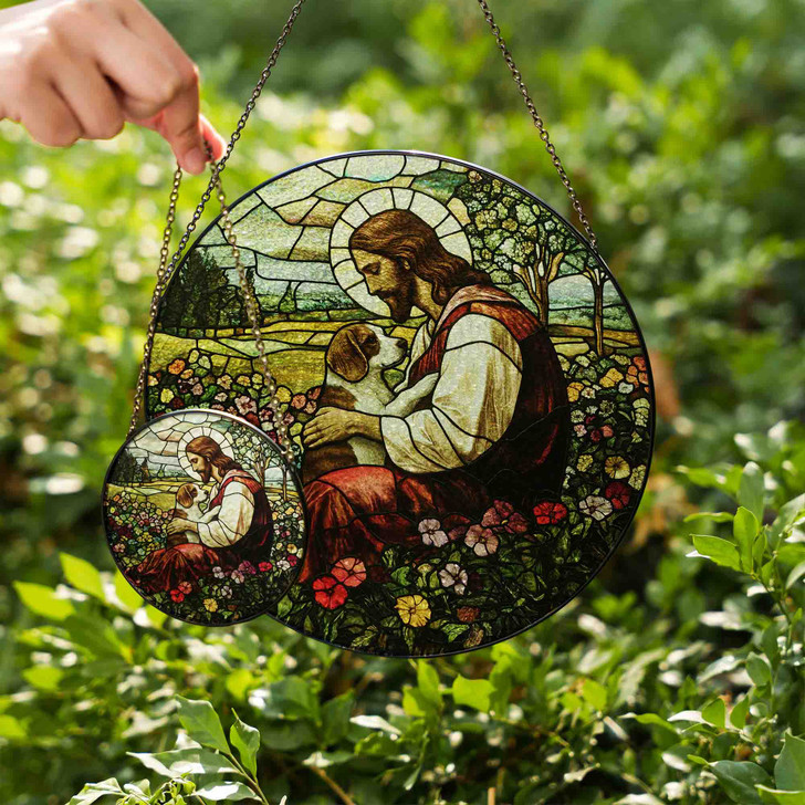 Jesus with Dog Stained Glass Suncatcher Christian Religious Window Hanging Pet Lover Spiritual Home Decor