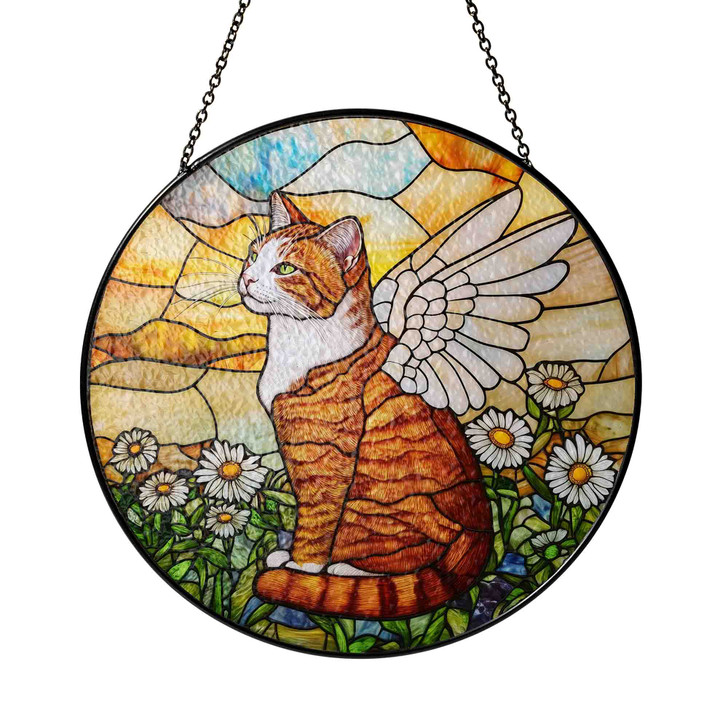 Orange Tabby Angel Cat Stained Glass Suncatcher Memorial Window Hanging Decoration