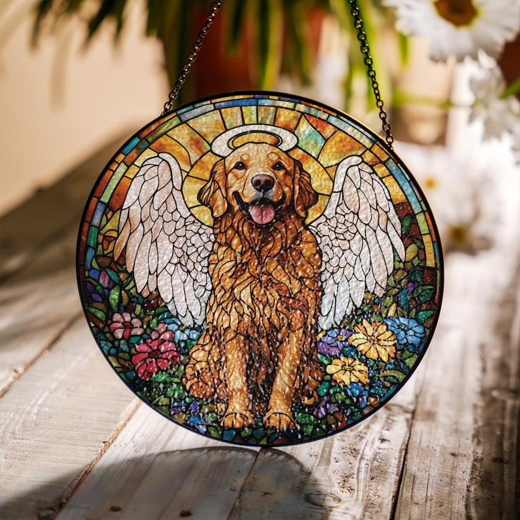 Golden Retriever Angel Stained Glass Suncatcher Pet Memorial Window Hanging Decoration