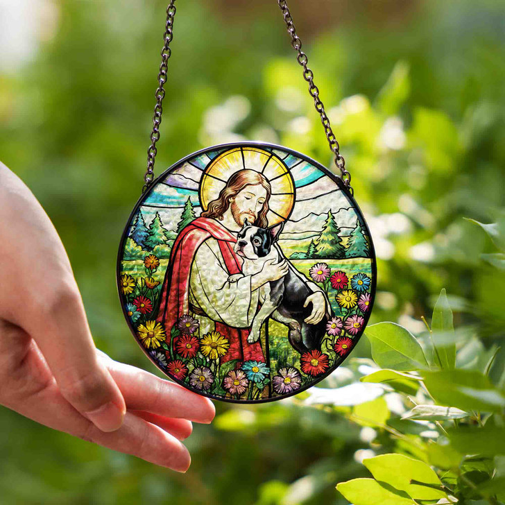 Jesus Holding Boston Terrier Stained Glass Suncatcher – Christian Pet Memorial Window Decor